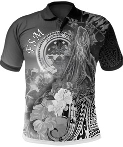 Fsm Polo Shirt - Humpback Whale with Tropical Flowers (White)