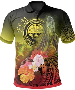 Fsm Polo Shirt - Humpback Whale with Tropical Flowers (Yellow)