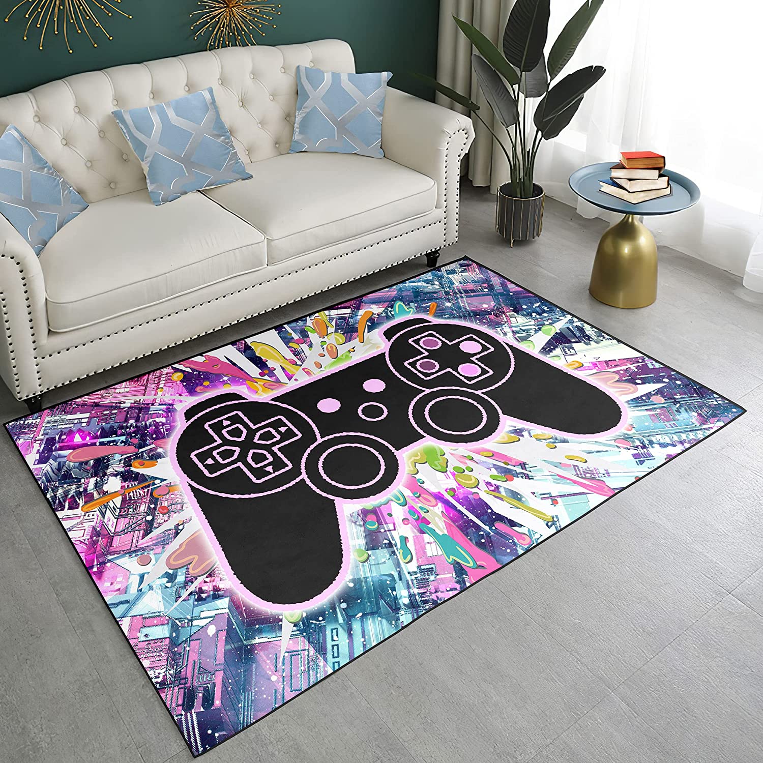 Game Area Rug with 3D Colorful Cool Pattern Printed Game Consoles Carpets, Non-Slip Polyester Mat