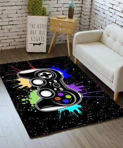 Gamer Area Rugs for Room Boys: Cartoon Painting Gamepad Home Carpet Cool Game Room Decor Black Carpet