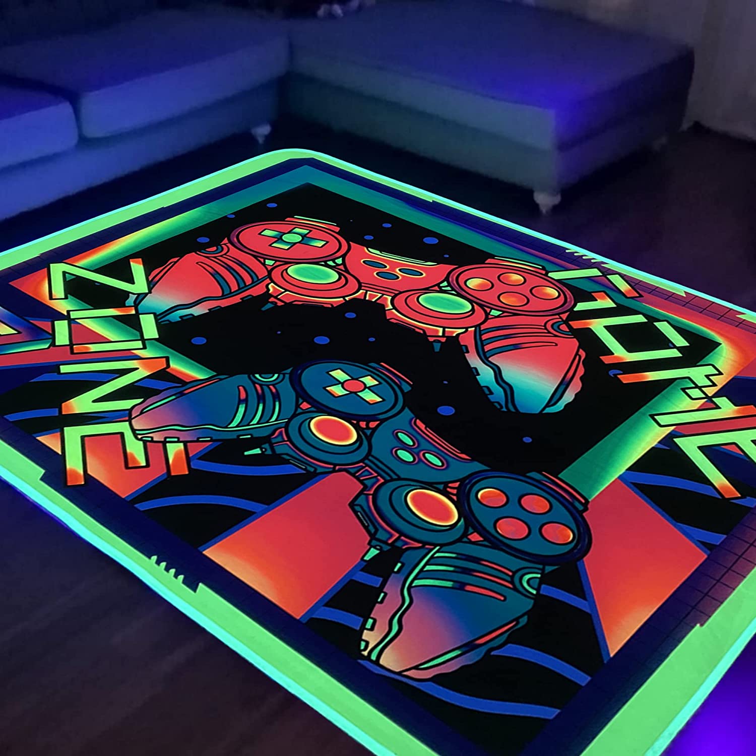 Gaming Area Rug | Non-Slip Playroom Carpet with Blacklight Print and Glow in the Dark Features