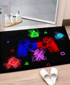 Gaming Rugs Boys's Bedroom, Gamepad Buttons Printed Black Area Rugs Living Room, Crystal Floor Game Decor Doormats