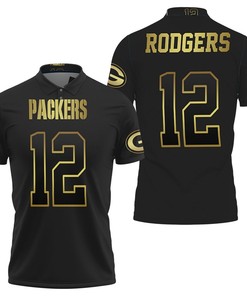Green Bay Packers 12 Aaron Rodgers Black Golden Edition Jersey Inspired Polo Shirt