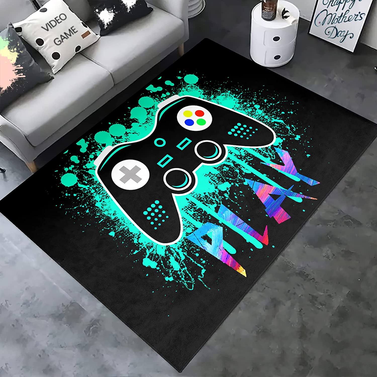 HD Green Graffiti Gamepad Controller Carpet - Game Area Rugs for Boy's Bedroom Decor with Game Theme Home Decor - Image 2