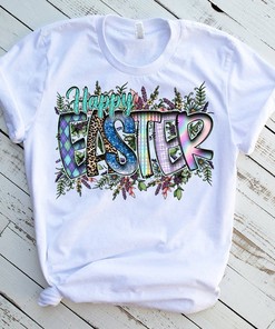 Happy Easter Day T Shirt - Bunny Wreath Cross Sublimation Tee Design