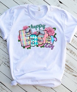 Happy Easter Day T-Shirt - Bunny Wreath Cross Sublimation Tee Design