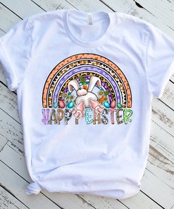 Happy Easter T-Shirt, Easter Bunny Wreath Tee, Easter Cross Christian Shirt