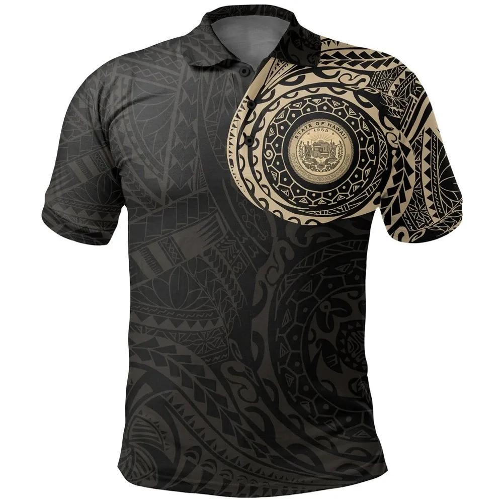 Hawaii Coat Of Arms Polo Shirt Polynesian Tattoo Golf Shirt