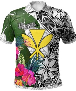 Hawaii Polo Shirt White - Turtle Plumeria Banana Leaf