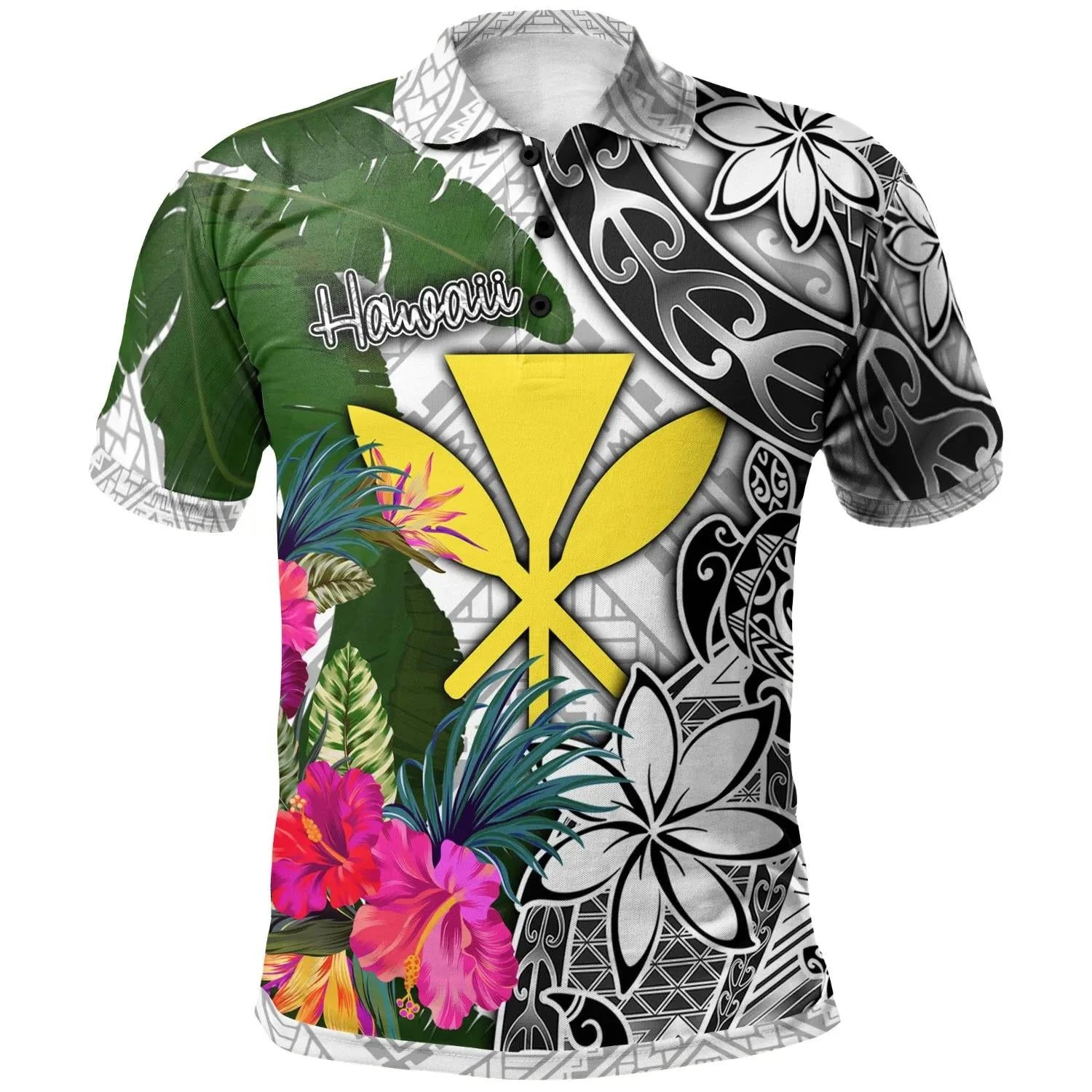 Hawaii Polo Shirt White - Turtle Plumeria Banana Leaf