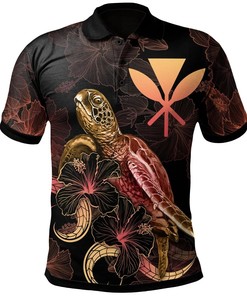 Hawaii Polynesian Polo Shirt - Turtle With Blooming Hibiscus Gold