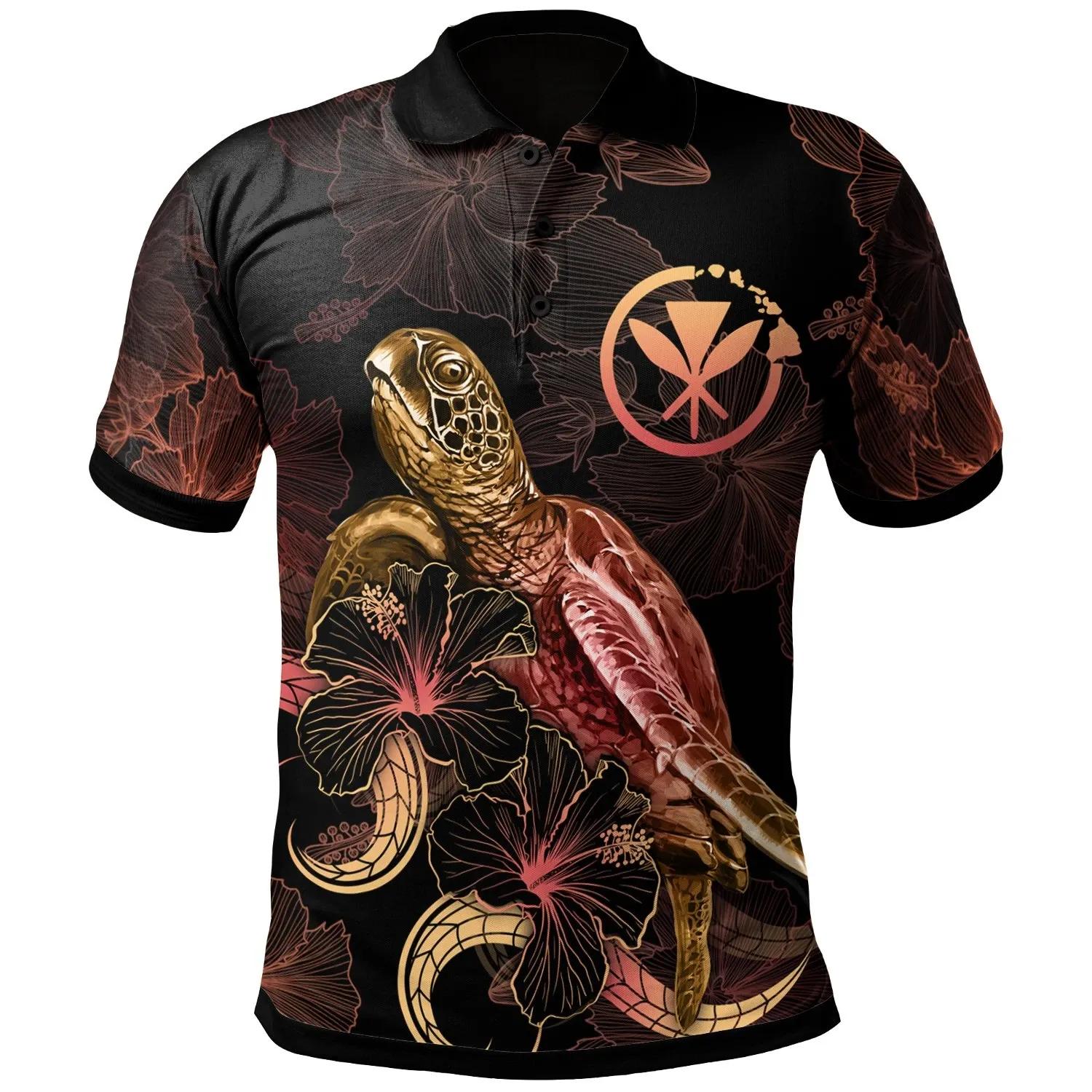 Hawaii Polynesian Polo Shirt - Turtle With Blooming Hibiscus Gold Gift