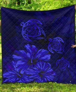 Hawaiian Map Turtle Hibiscus Vintage Polynesian Blue Ah Quilt Bedding Set