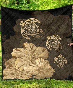 Hawaiian Map Turtle Hibiscus Vintage Polynesian Gold Ah Quilt Bedding Set