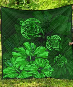 Hawaiian Map Turtle Hibiscus Vintage Polynesian Green Ah Quilt Bedding Set