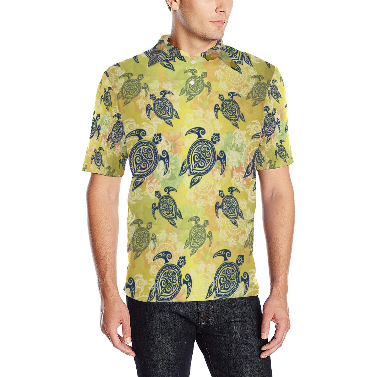 Hawaiian Turtle Tribal Design Print Men Polo Shirt