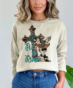 He Is Risen Western Cross Christian T-Shirt with Floral Design and Digital Print