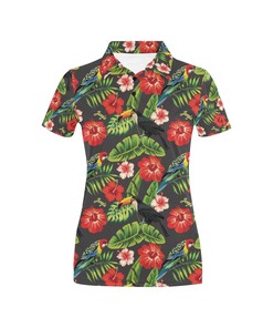 Hibiscus Red With Parrotprint Design Women's Polo Shirt