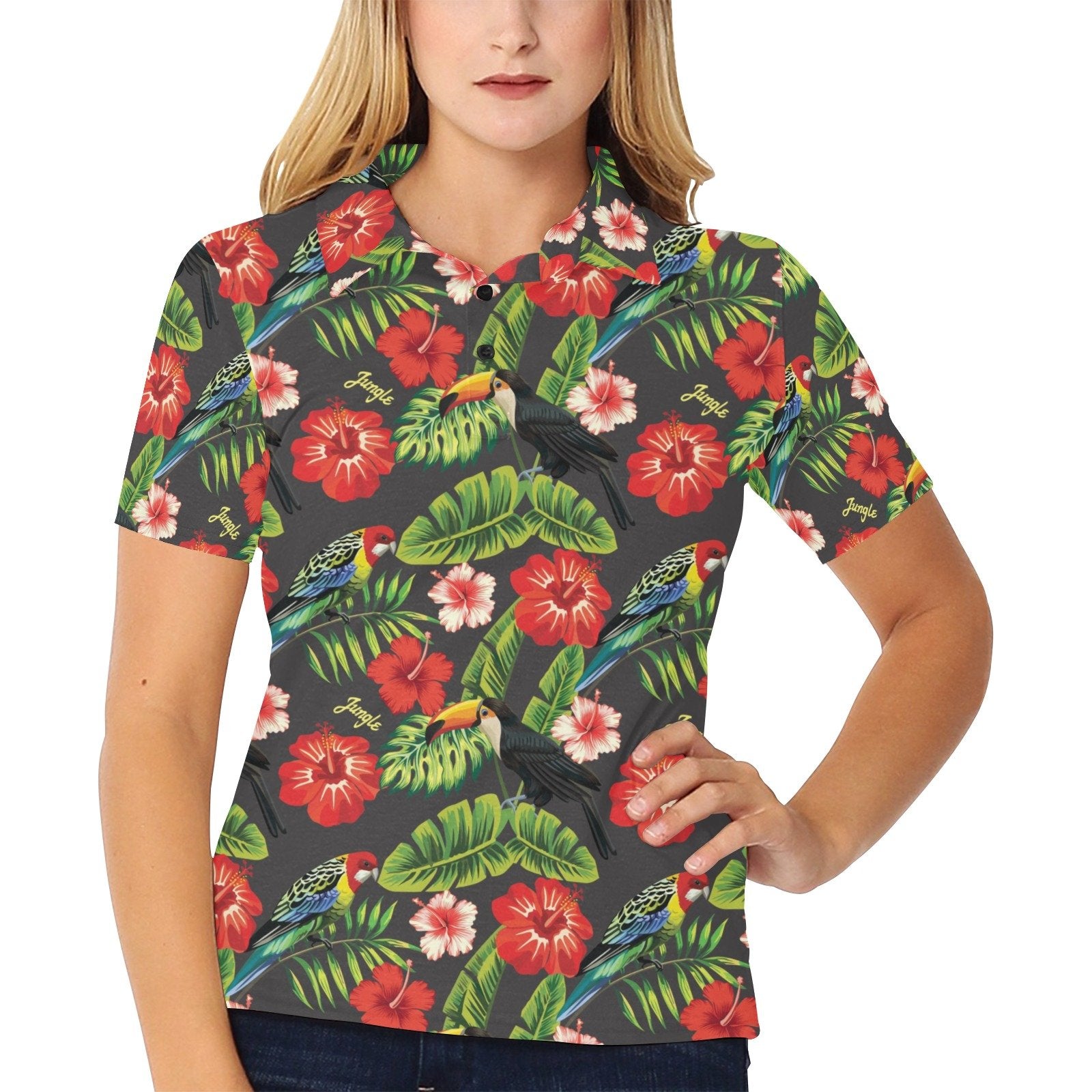 Hibiscus Red With Parrotprint Design Women's Polo Shirt - Image 2