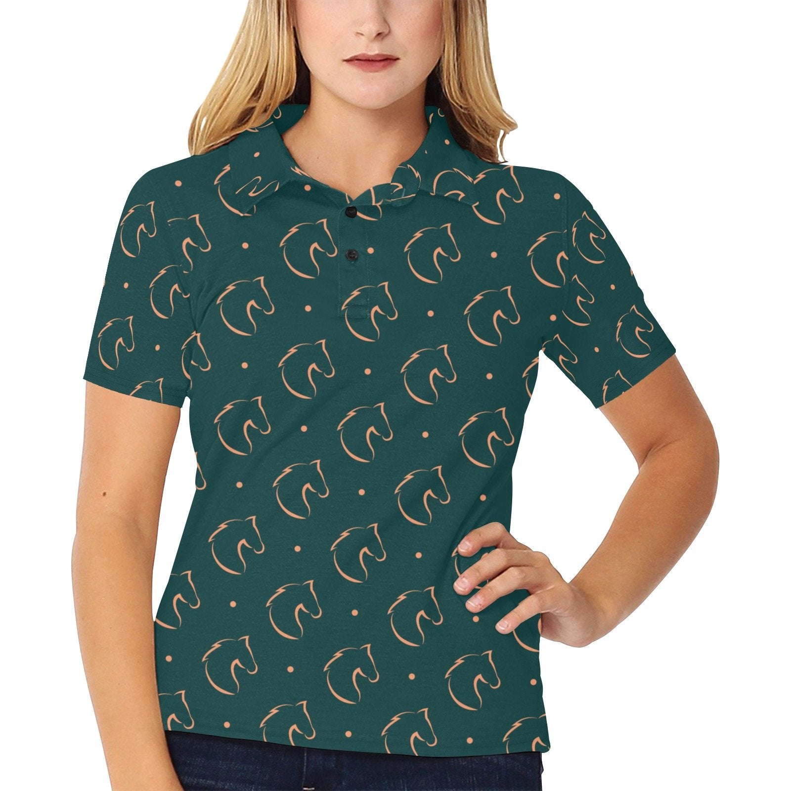 Horse Head Print Design Women's Polo Shirt - Image 2