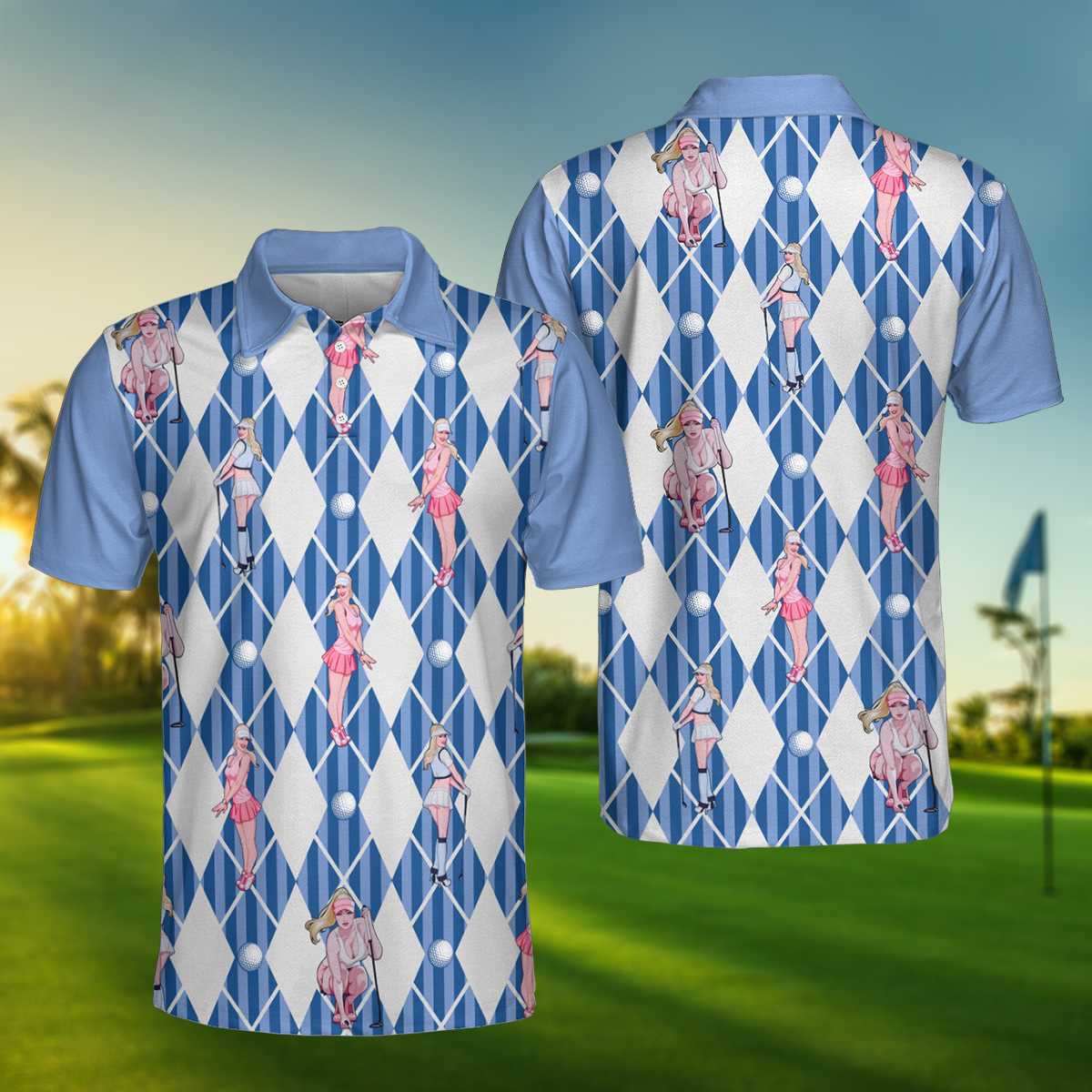 Hot Girl Plays Golf Blue Pattern Polo Shirt #H