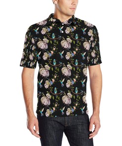 Hummingbird Flower Themed Print Men Polo Shirt