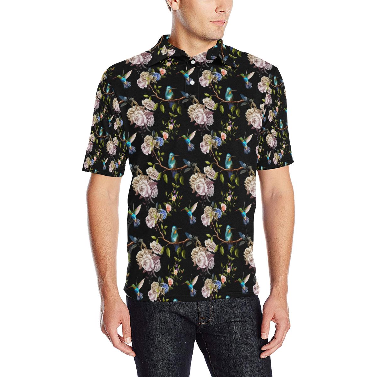 Hummingbird Flower Themed Print Men Polo Shirt