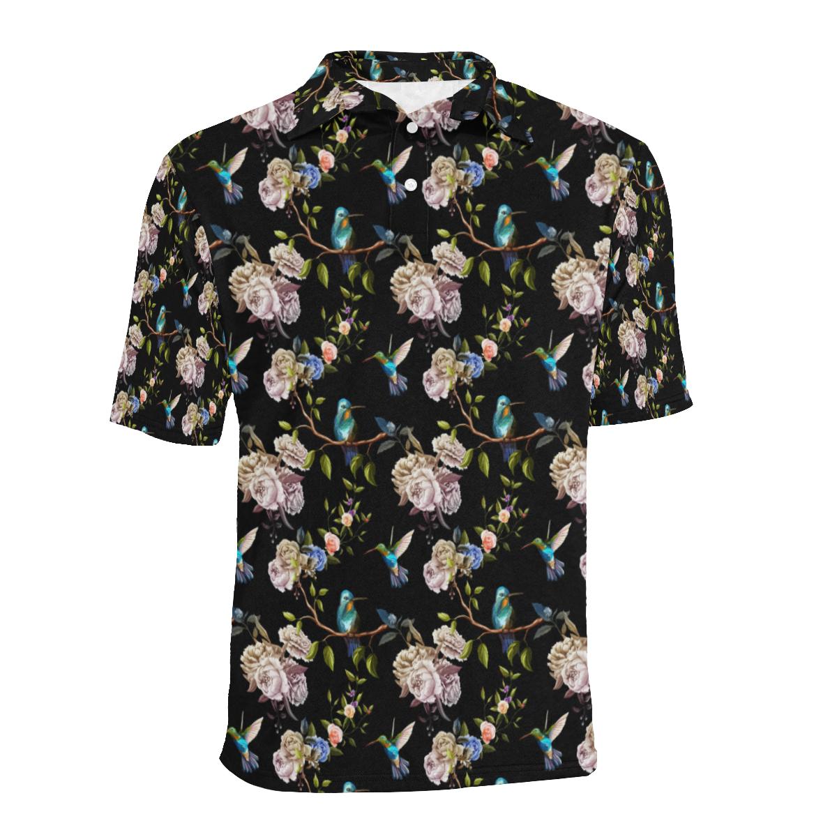 Hummingbird Flower Themed Print Men Polo Shirt - Image 2