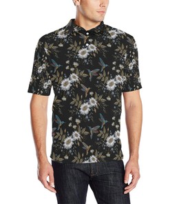 Hummingbird With Embroidery Themed Print Men Polo Shirt