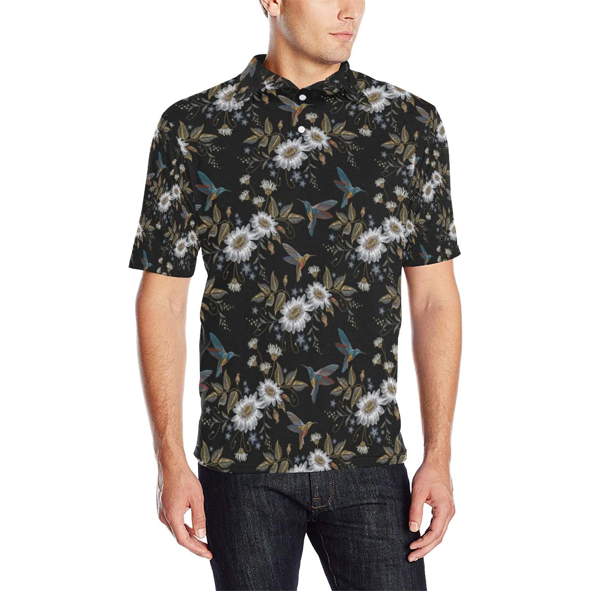 Hummingbird With Embroidery Themed Print Men Polo Shirt
