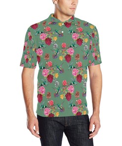 Hummingbird With Rose Themed Print Men Polo Shirt