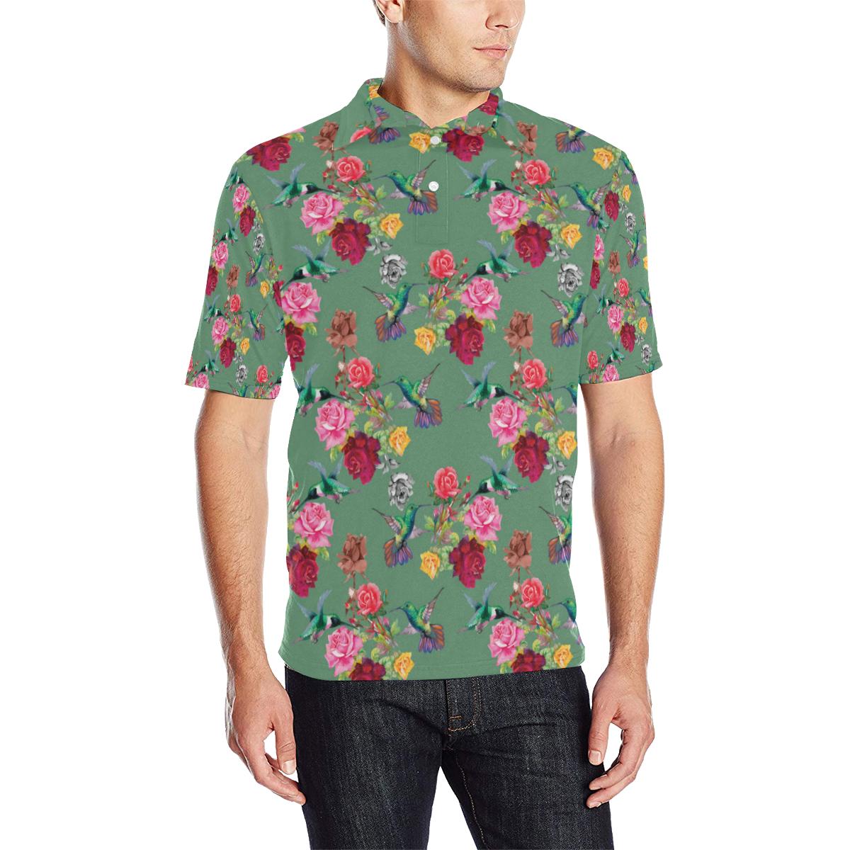 Hummingbird With Rose Themed Print Men Polo Shirt