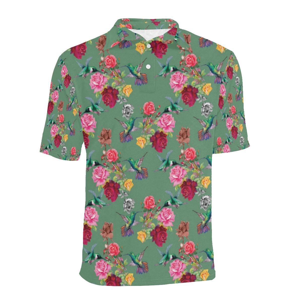 Hummingbird With Rose Themed Print Men Polo Shirt - Image 2