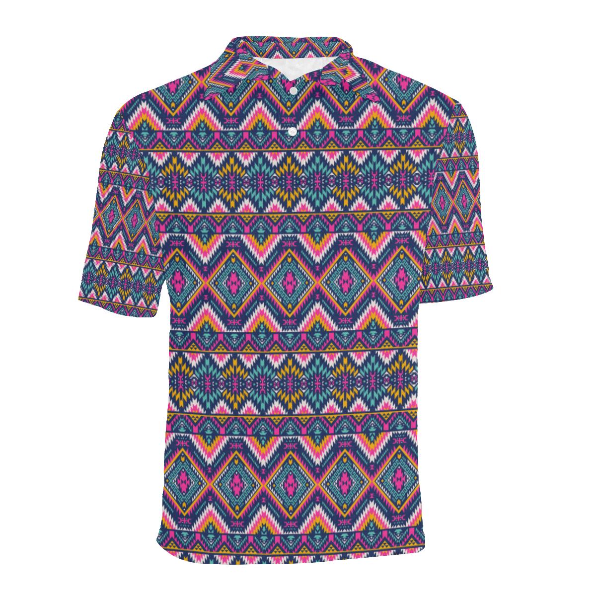 Indian Navajo Pink Themed Design Print Men Polo Shirt - Image 2