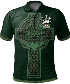 Ireland Clothing - Coonan or O'Conan Irish Family Crest Polo Shirt - Irish Cross with Celtic Knot and Claddagh Ring