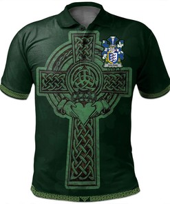Ireland Clothing - Dolphin or Dolphyn Irish Family Crest Polo Shirt - Irish Cross with Celtic Knot and Claddagh Ring