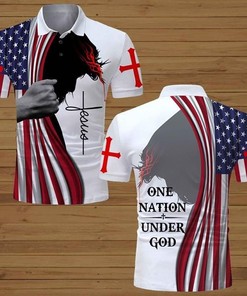 Jesus One Nation Under God American Flag Jesus Cross 3D Polo Shirt