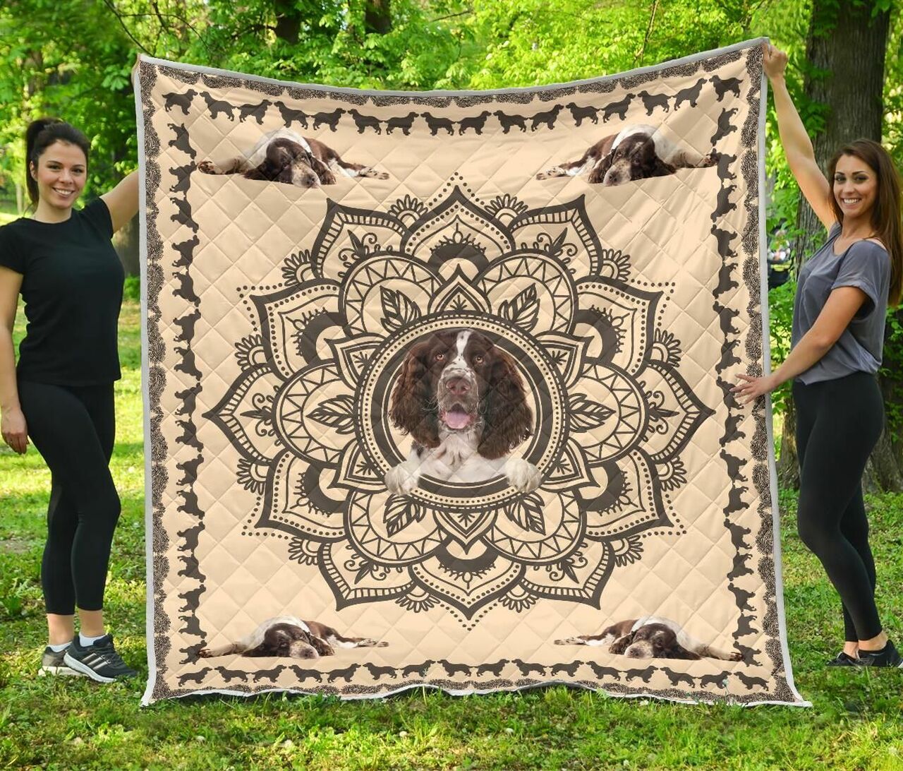 LN English Springer Spaniel Pattern Quilt Bedding Set with Custom Name, Suitable for Home and Picnic