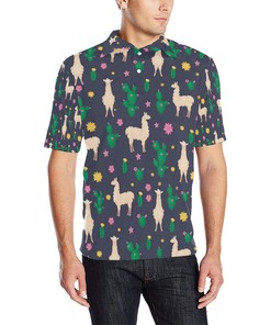 Llama Cactus Pattern Print Design 012 Men Polo Shirt