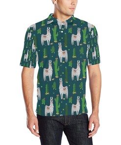 Llama Cactus Pattern Print Design 013 Men Polo Shirt