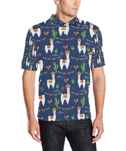 Llama Cactus Pattern Print Design 05 Men Polo Shirt