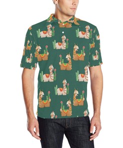 Llama Cactus Pattern Print Design 07 Men Polo Shirt