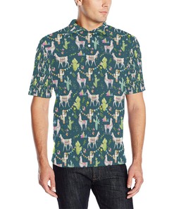 Llama With Cactus Design Print Men Polo Shirt