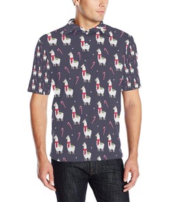 Llama With Candy Cane Themed Print Men Polo Shirt
