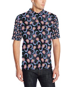 Lotus With Moon Pink Print Themed Men Polo Shirt