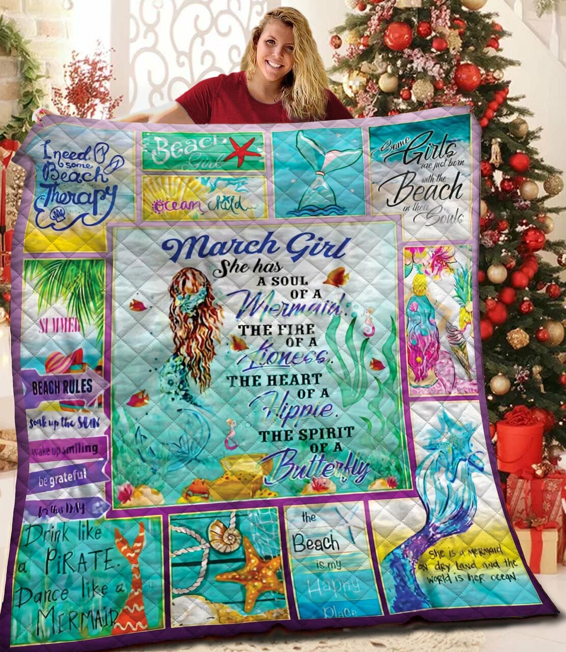 March Girl A Soul Mermaid Personalized Quilt Bedding Set for Home Decoration and Family Gifts