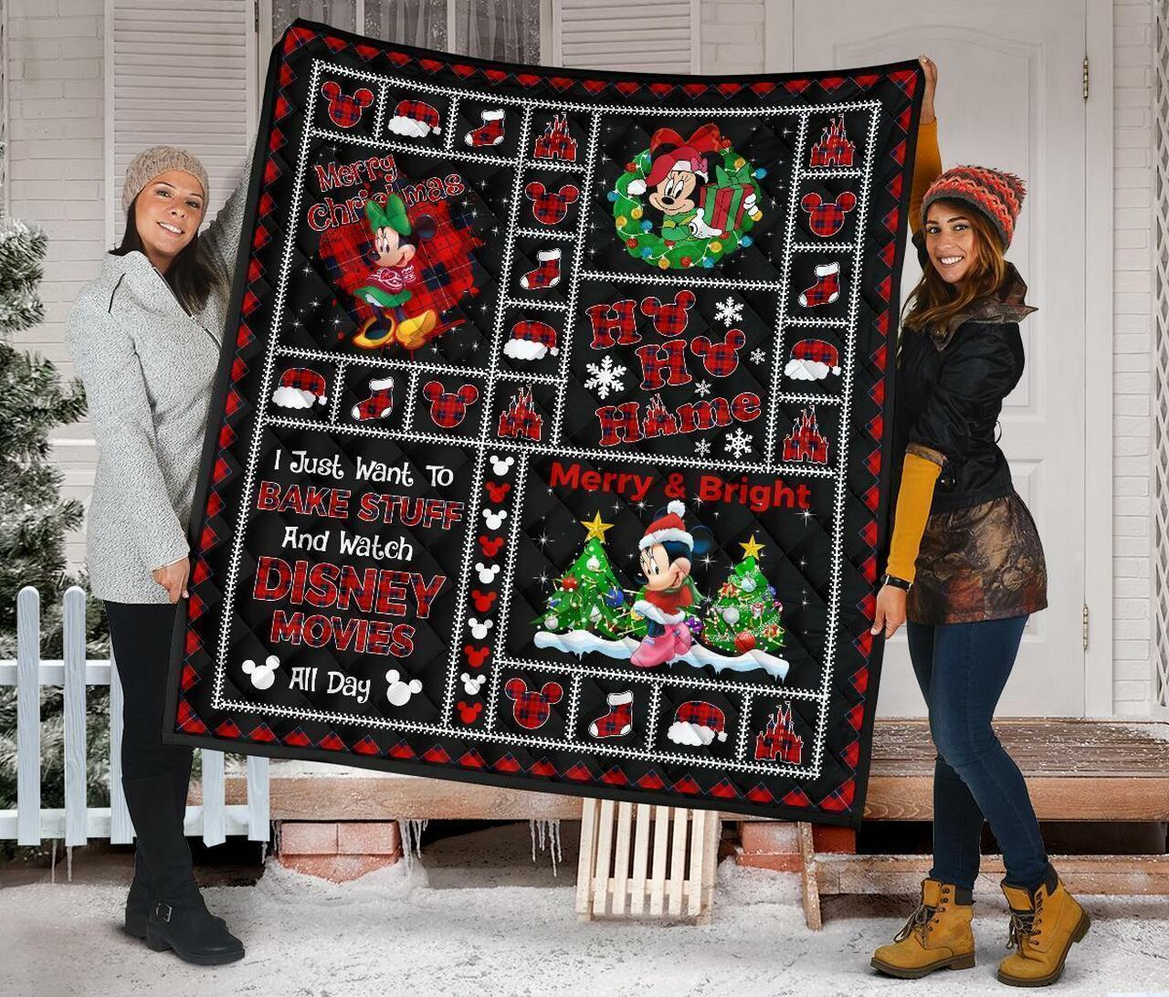 Merry Christmas Minnie Xmas Disney Fan Quilt Bedding Set Bedroom Decor, Gifts for Family