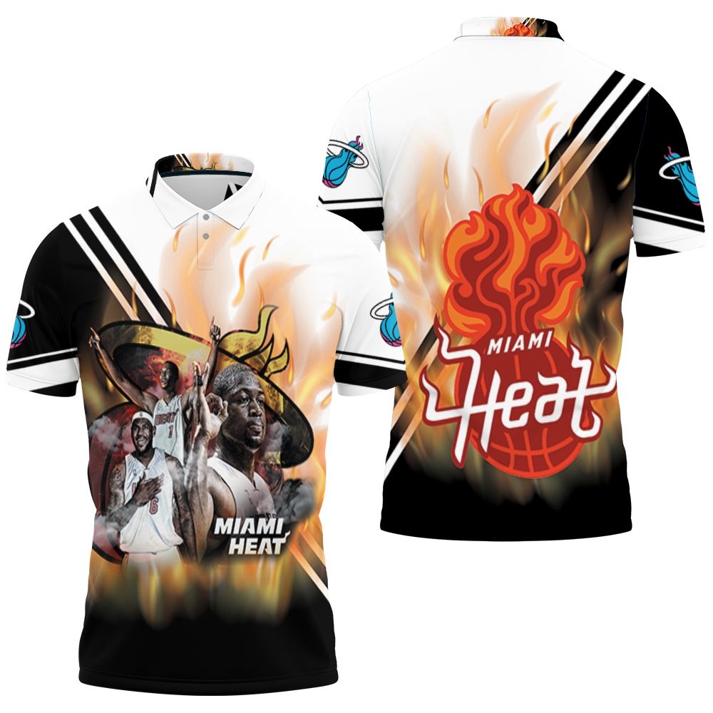 Miami Heat Big Three Chris Bosh Lebron James Dwyane Wade On Fire For Fan Polo Shirt