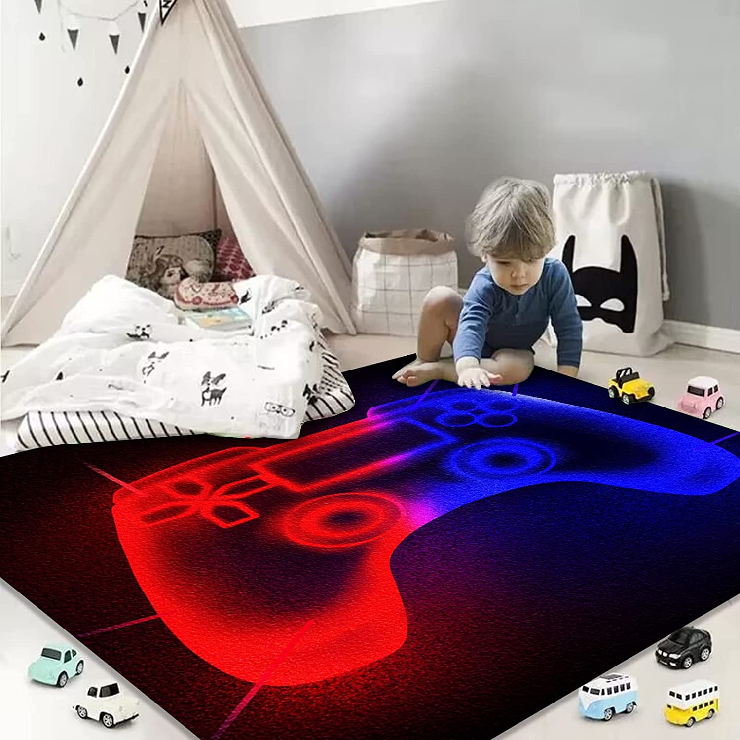 Modern Gaming Area Rug for Kids Room with Blue Game Controller Print - Image 4