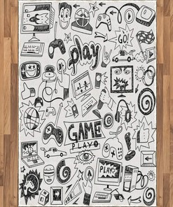 Monochrome Area Rug - Sketch Style Gaming Design with Racing Monitor Device Gadget for Teen 90's Flat Woven Accent Rug